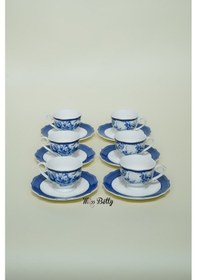 Resim Blue New Bone 6 Kişilik Kahve Fincan Takımı Türk Kahvesi Sunum Seti Beyaz - Mavi 