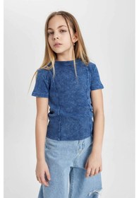 Resim DeFacto Kız Çocuk Slim Fit Dar Kesim Bisiklet Yaka Fitilli Kaşkorse Kısa Kollu Tişört C3187A824SMBE341 Mavi 