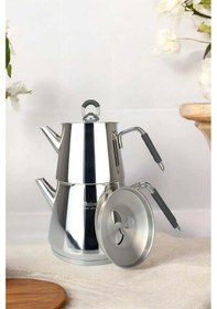 Resim Piramit Orta Silikon Kulplu Çelik Çaydanlık Takımı Siyah 