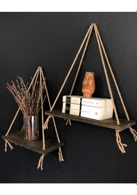 Resim O&Awood 2'Li Halatlı Doğal Ahşap Raf, Dekoratif Duvar Rafı, Ceviz 