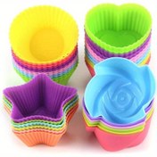 Resim Silikon Cupcake Liners Tekrar Kullanılabilir Pişirme Kupları Yapışmaz Temizlemesi Kolay Pastane Muffin Kalıbı 4 Şekil Yuvarlak, Yıldız, Kalp, Çiçek, 24 adet Renkli 
