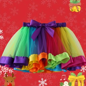 Resim Kızlar Bow Rainbow Renk Blok Tül Tutu Etek Doğum Günü Partisi Bale Dans Performansı Prenses Kostümü Çocuk Giysileri 