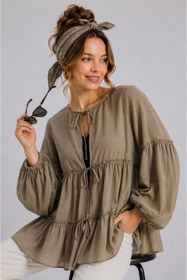Resim GLOW MUSE Kolu Lastikli Önü Bağlamalı Katlı Kimono -Haki 