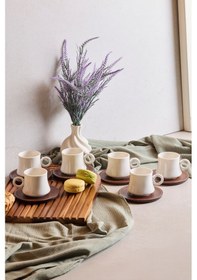 Resim Dark 6'lı Akasya Tabaklı Modern Porselen Kahve Fincanı Seti Beyaz Beyaz 