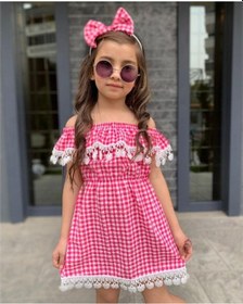 Resim Kız Çocuk Güpürlü Ekose Elbise (554875160) Beyaz - Kırmızı 