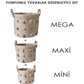Resim Katlanabilir Çok Amaçlı Ponponlu Yuvarlak Düzenleyici Saklama Kutusu Organizer Keçe Mini Boy - 03785 Çok Renkli 