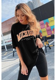 Resim Kadın Örme Michigan Basklı Siyah %100 Pamuk T-shirt. Siyah 