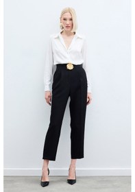 Resim Sateen Yüksek Bel Klasik Pantolon - Siyah-136259 Siyah 