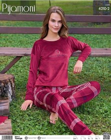 Resim Pijamoni Kadın Kışlık Bisiklet Yaka Likralı Kadife Pijama Takımı 4210/2- 1 Adet 001 