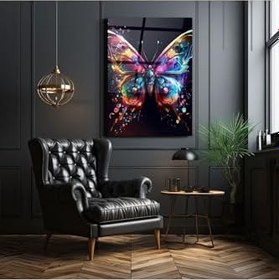 Resim Cam Tablo Neon Renkli Kelebek - Ev Dekorasyonu - Ofis Dekorasyonu - Illüstrasyon - Sanatsal - Dikey renkli 30 x 45 