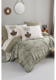 Resim İyi Geceler İstanbul Babil Haki %100 Pamuk Çift Kişilik Battaniyeli Nevresim Takımı Haki 