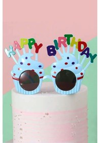 Resim Beysüs Happy Birthday Parti Gözlük Cupcake Temalı Mavi 