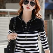 Resim Kadınlar İçin Dar Kesim Uzun Kollu Yaka Tişört - Siyah Beyaz Çizgili H-Line Üst, Sonbahar/Kış İçin Dikey Çizgiler, Şık Ofisden Günlük Blazersız Ceket Elegant Beyaz Gömlek (Görülemeyen) 