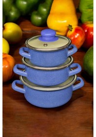 Resim Nishev.com 6 Parça Mini Emaye Tencere Seti 12/14/16 Cm Mavi Mavi 