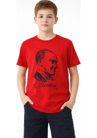 Resim Erkek Çocuk Atatürk Baskılı Tişört Kısa Kollu Bisiklet Yaka T-shirt - Kırmızı 