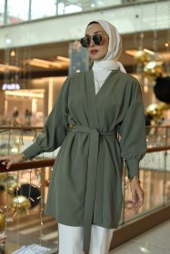 Resim Manşetli Kuşaklı Haki Kimono - 36-38 