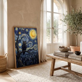 Resim Wise Owl Starry Night Print - Van Gogh-Style Mystical Forest Wall Art - Wooden Frame - White / 24 x 36" (60x90 cm) 
