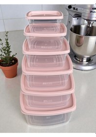 Resim 6'lı Kendinden Kapaklı Erzak Baharat Saklama Kabı Seti 8,3 Litre Büyük Boy Plastik Açık Pembe 