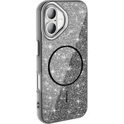Resim Mobilzone iPhone 16 Plus Kılıf Magsafe Şarj Özellikli Parlayan Simli Zore Okso Kapak - Siyah 