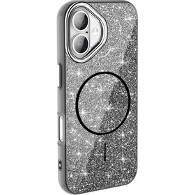 Resim Mobilzone iPhone 16 Plus Kılıf Magsafe Şarj Özellikli Parlayan Simli Zore Okso Kapak - Siyah 