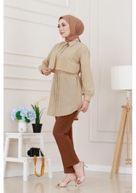 Resim Sevitli Beli Bağcıklı Allerli Taşlı Tunik-bej-5219 Bej 