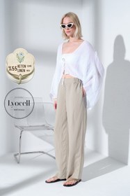 Resim Arkası Lastikli Önü Düz Geniş Paça Keten Lyocell Karışımlı Kadın Pantolon @Lemon - Bej / L 