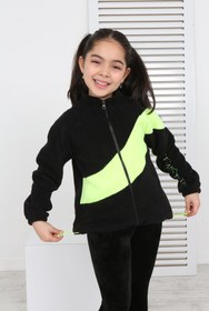 Resim Toontoy Kız Çocuk Dik Yaka Fermuarlı Renk Bloklu Reglan Kol Polar Hırka - Beli Ayarlanabilir Lastikl 
