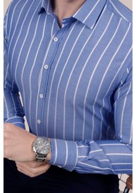 Resim Erkek Mavi Beyaz Çizgili Slimfit Kutulu Gömlek Mavi 