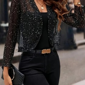 Resim Şık Kadınlar İçin Glitter Hırka Ceket - Uzun Kollu, Önü Açık, Siyah Parıltılı Payetlerle, Polyester Karışımı, Günlük veya Akşam Kıyafeti İçin Mükemmel 