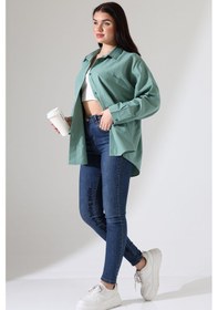 Resim Yeni Sezon Poplin Kumaş Çift Cepli Oversize Pamuklu Kadın Tunik Gömlek Yeşil 