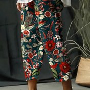 Resim Şık Kadınlar için Tropikal Çiçek Baskılı Uzun Pantolon - Canlı Botanik Tasarım, Elastan İçeren Polyester Karışımı, İlkbahar, Yaz & Sonbahar için Düz Kesim, Makinede Yıkanabilir, Şeffaf Olmayan, Hafif & Rahat Günlük veya Tatil Giyimi için, Tatil Giyim Pantolonu | Çiçek Baskılı Pantolon | Polyester Karışımı Pantolon 