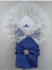 Resim Yenidoğan Saray Kadife Taç Nakışlı İnci Fiyonklu Dantel Duvak Trilüks Kundak Bebek Battaniye Lacivert 