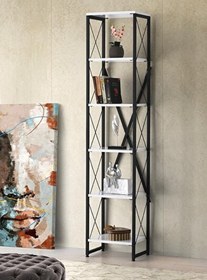 Resim 40x30x180 CM Ferforje 5 Raflı Beyaz Ahşap Kitaplık 