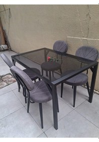 Resim Masa 90550 Cam Metal Siyah Ayak Füme Cam Temperli 8mm Sabit Masa 4 Adet Sandalye Takım Siyah 