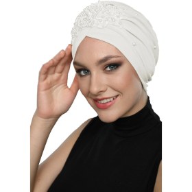 Resim Elysianfidan Kopma Astarlı Işlemeli Krem Gül Motifli Hazır Türban Tesettür Abiye Bone Krem Gül 