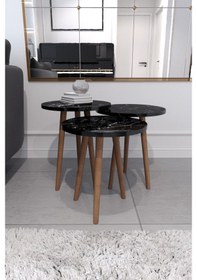 Resim Tokyo Zigon Sehpa & Yan Sehpa 3'Lü Ahşap Ayaklı- Siyah Mermer 