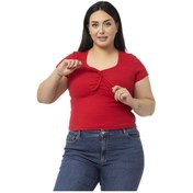 Resim Büyük Beden Yarım Kollu Göğüste Bağcık Detaylı Kaşkorse Kırmızı Body-kırmızı Kırmızı 