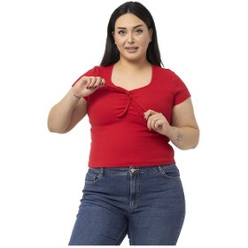 Resim Büyük Beden Yarım Kollu Göğüste Bağcık Detaylı Kaşkorse Kırmızı Body-kırmızı Kırmızı 