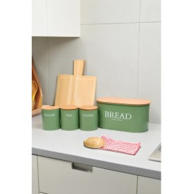 Resim Ahşap Kapaklı Metal Ekmeklik, Çay, Kahve, Şeker 4'lü Set 