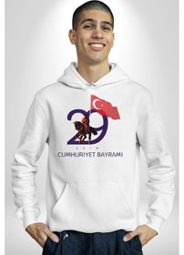 Resim 29 Ekim Cumhuriyet Bayramı Atatürk Türk Bayrağı Kadın Erkek Beyaz Kapüşonlu Sweatshirt Hoodie Beyaz 