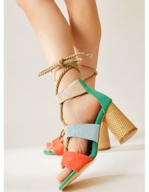 Resim Britty Çok Renkli Turuncu-mavi-bej-yeşil Süet Kalın Bantlı Halat Bağlamalı Topuklu Sandalet 001 