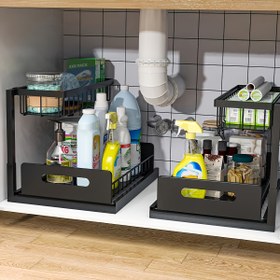 Resim Lavabo Altı Düzenleyiciler ve Depolama, Kayar Çekmece Rafları ile Lavabo Altı Düzenleyici, Mutfak Banyo Kiler Dolabı Düzenleme Rafı için Metal Sürgülü Çekmeceler 