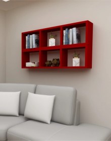 Resim Kitaplık Yan Kırmızı Renk Duvar Rafı Ikili Takım Kırmızı 