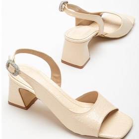 Resim Kadın Topuklu Sandalet Ayakkabı Bej Rugan Kroko Baskılı Tan Taşlı Tokalı-4031 Bej 