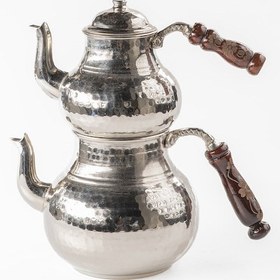 Resim Dmt Gaziantep Bakır Çaydanlık Takımı Ağır El Dövmesi Alt:14,5cm Üst:10,5 Cm Toplam:2,6 Lt Ahşap Kulp Bakır 