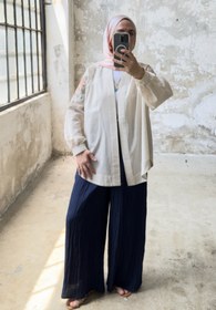 Resim Çiçek Nakış Detaylı Oversize Keten Kimono 8823 - Bej - Bej / Standart - Oversize 