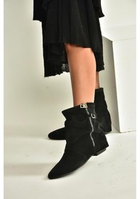 Resim Fox Shoes V380614202 Siyah Hakiki Deri Süet Fermuar Detaylı Günlük Kadın Bot Siyah 