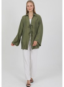 Resim Doğal Viskon Kumaş Cepli Bağcıklı Kadın Kimono 1167 Hafif, Dökümlü, Akışkan, Yazlık Model Haki 