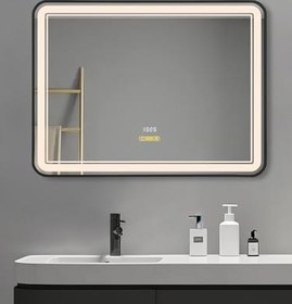 Resim Akıllı Ayna Buhar Tutmayan Hareket Sensörlü 3 Renk Ledli Siyah Çerçeveli Banyo Lavabo Aynası 80x60 