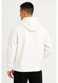 Resim Erkek Ovarsize Kapüşonlu Swetshirt Kanguru Çepli Cıtcıtlı 3 Iplik Şardonlu Hoodie - Beyaz Beyaz 